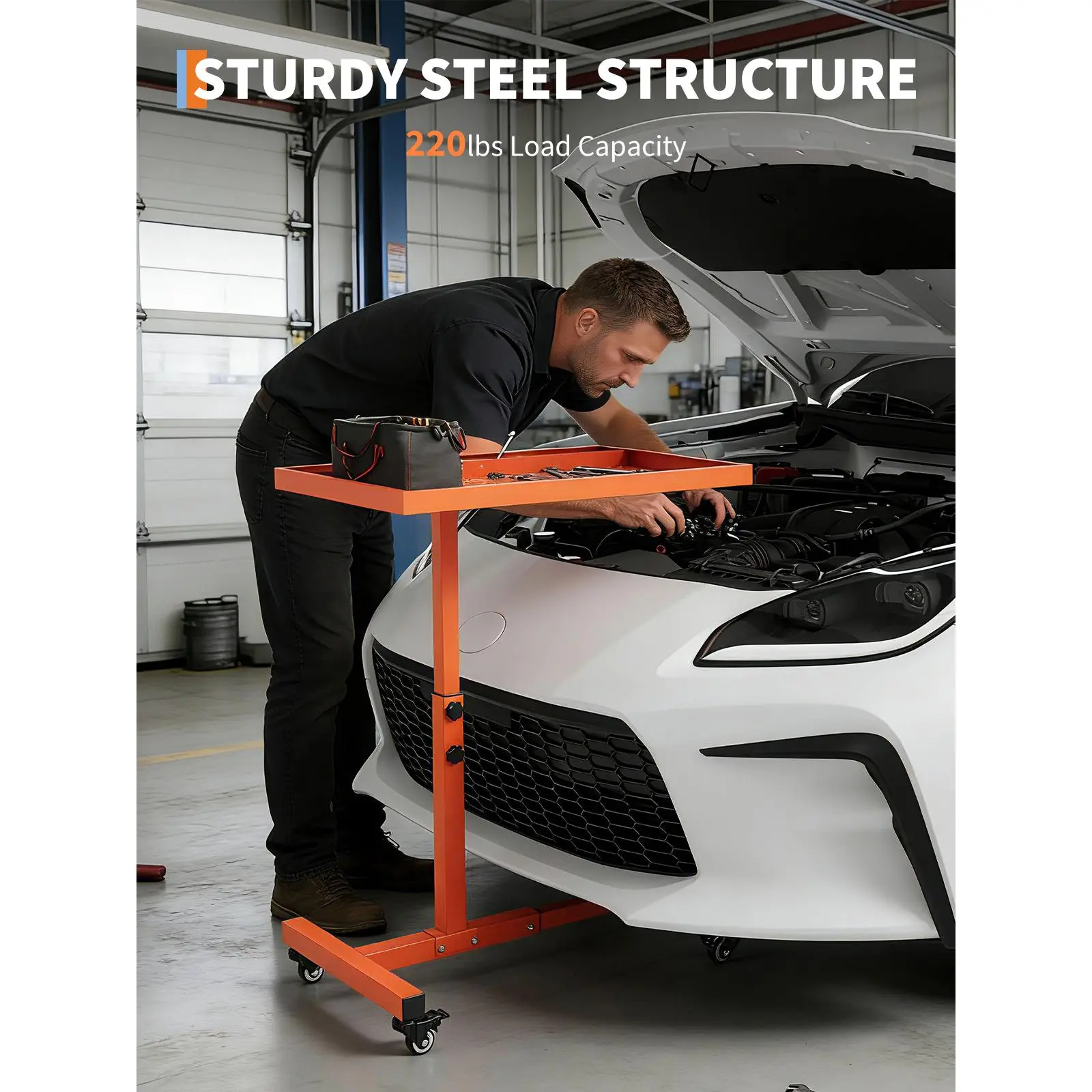 Heavy Duty Adjustable Rolling Tool Tray Work Table – 220lbs Load – Height Adjustable 38"-45" – Mobile Steel Workbench for Garage, Repair Shops, DIY, Mechanic Use – With Wheels – Color: Black or Orange