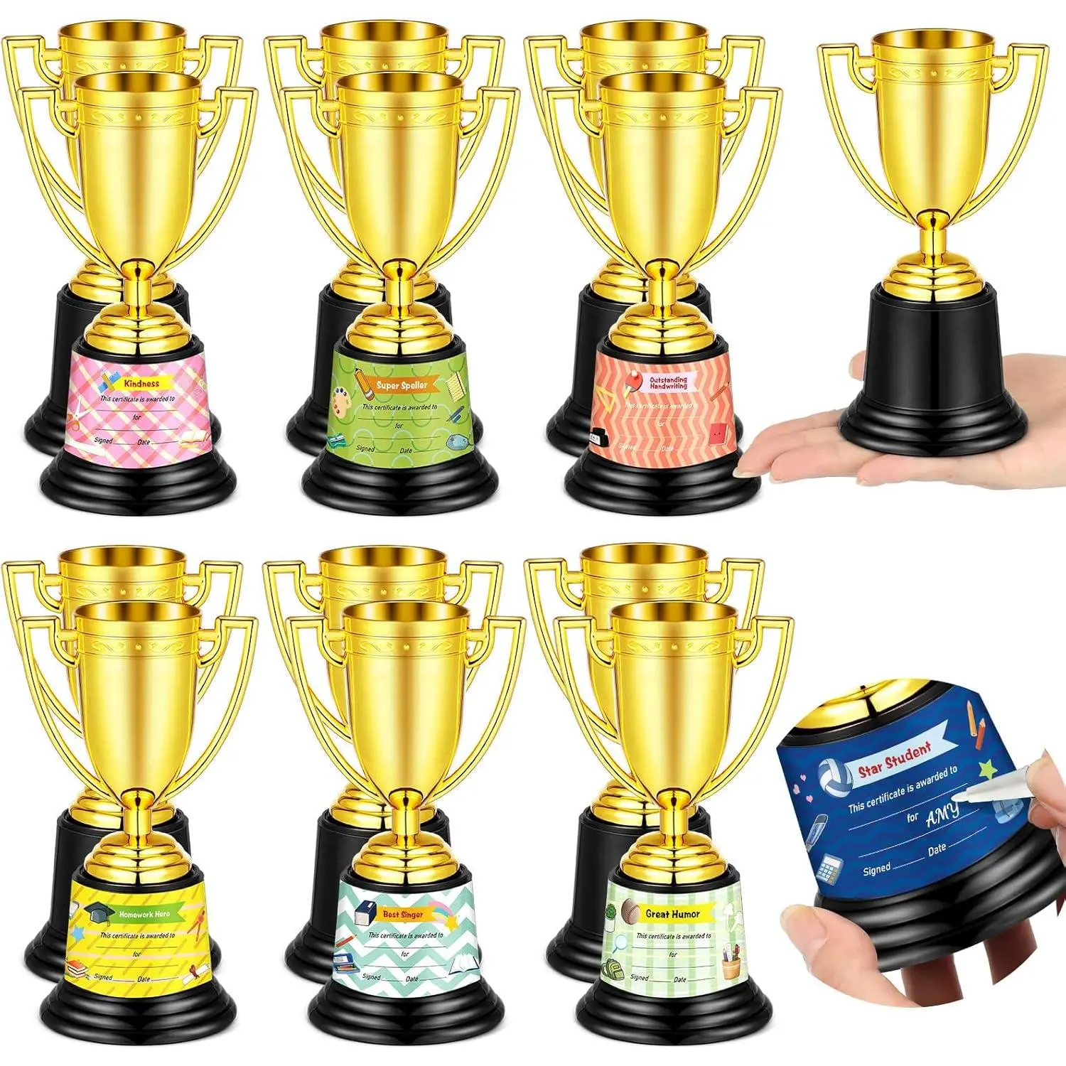 12 Pcs Bulk Mini Trophies 5.7 Inch Plastic Gold Trophy Cups with Award Certificates Stickers for Student Recognition Rewards End of Year Sports Tournament Winning Prizes Party Favor Competition Office