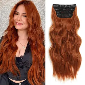 Clip in Hair Extensions for Women 20 Inch Long Wavy Curly Copper Hairpieces Full Head Synthetic Glueless Pre Braided 4PCS 220g Heat Resisting Fiber
