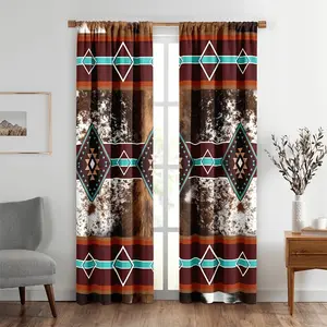 Western Style Curtains Set, Vintage Country Pattern, Southwest Farmhouse Bohemian Wind, Suitable for Bedroom, Living Room, Kitchen