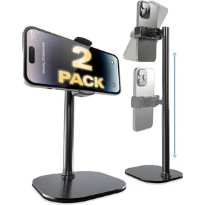 Height Adjustable Cell Phone Stand for Desk | Rotating, Tilting, 9-14" Telescoping Eye-Level View Cell Phone Holder for Desk (Night Black, 2-Pack)