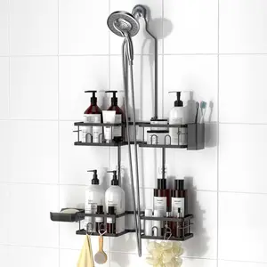 Adjustable Shower Caddy Hanging Rustproof Shower Caddy for Handheld Showerheads, Shower Organizer with Hooks Soap Holder Toothbrush Holder, Anti-Swing Shower Rack Ba