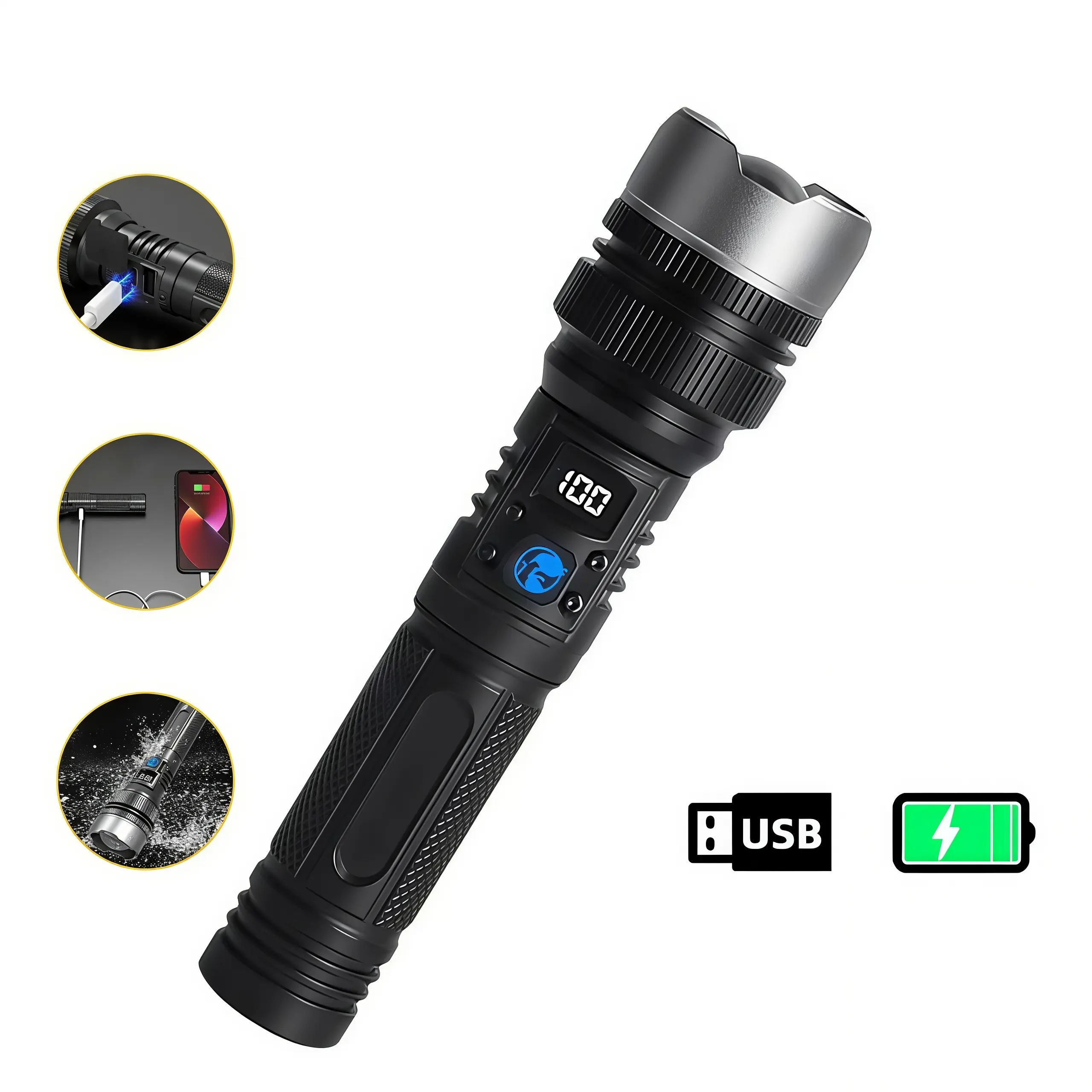 1200 Lumens Rechargeable LED Flashlight - Compact Aluminum Alloy 2-in-1 Floodlight & Spotlight, IPX4 Waterproof, 3 Lighting Modes, USB-Charged Emergency Light for Hiking, Camping, Home Use (Great Gift Idea), Flashlights