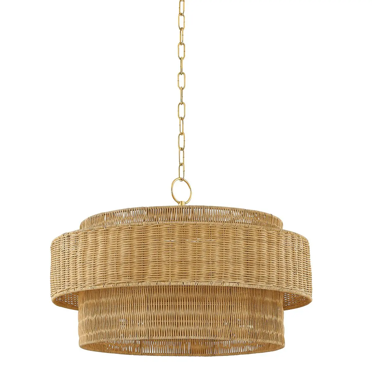 Coastal Danica Pendant Light with 2 Wicker Drum Shades and Aged Brass Suspension Chain