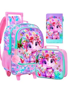 3Pcs Rolling Backpack for Girls, Kids Roller School Backpack with Wheels, Dinosaur Wheeled Bookbag for Elementary Preschool Kindergarten(Pink)bag, Wheeled Elementary School Bag with Lunch Bag, Cute Backpack -Game Console