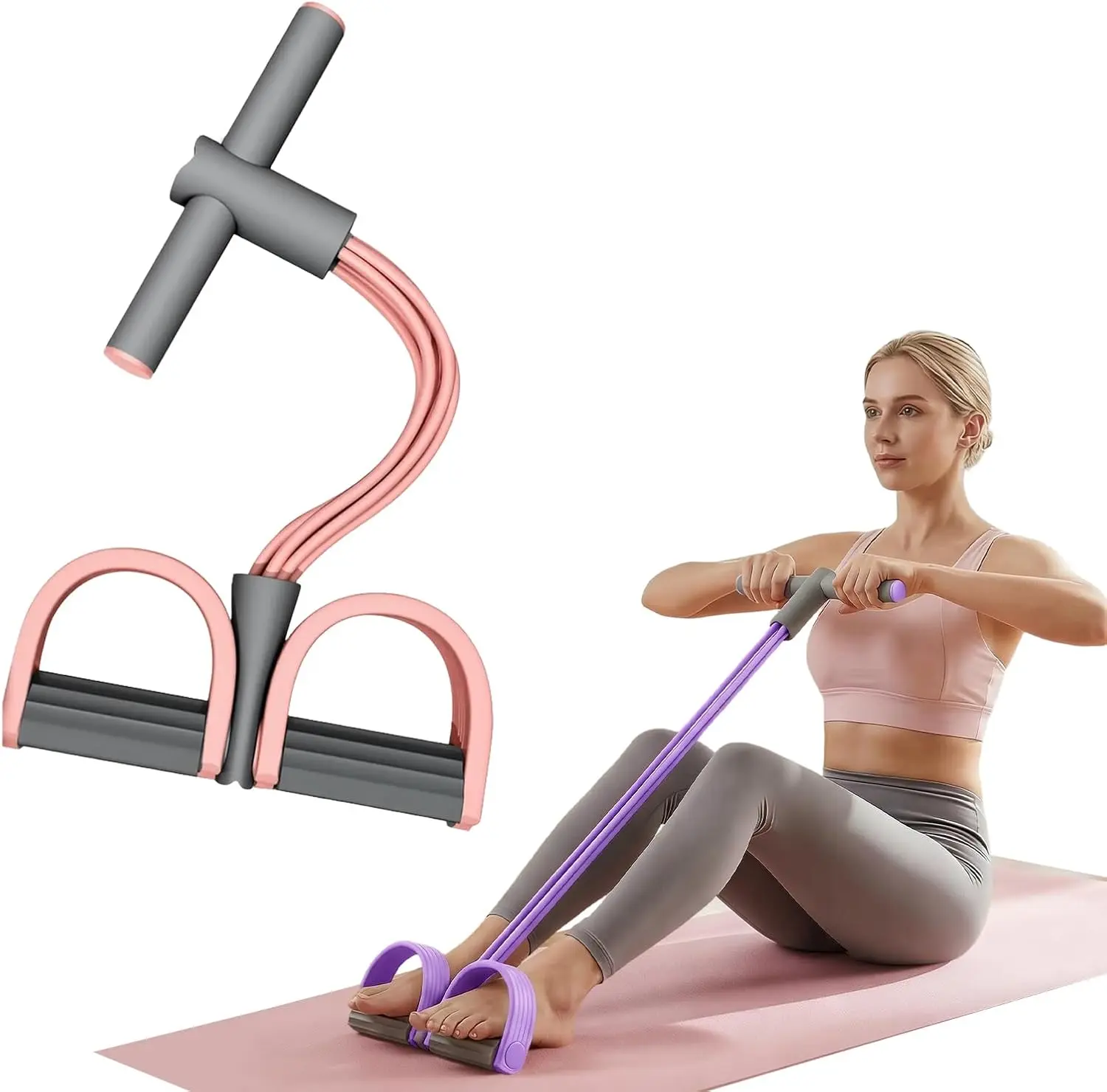 Foot Pedal Resistance Band with Handle, 4-Tube Latex Sit-Up Pull Rope Fitness Trainer for Home Workout, Resistance Band for Abs, Waist, Arms & Legs Resistant Bands Stretching Gear