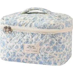 Large Travel Quilted Makeup Bag for Women,Big Floral Cotton Cosmetic Bag, Cute Coquette Aesthetic Floral Toiletry Organizer Bag (White Cherry)
