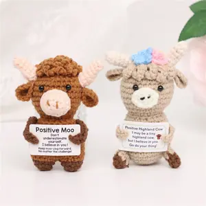 Highland Cow Crochet Emotion Support Doll, Handmade Crochet Figure, Positive Message Motivational Stress Relief Hug Card Series, Cute Animal Home Desktop Decoration