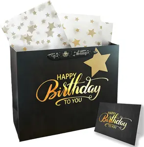 Black Birthday Gift Bag with Tissue Paper envelope and gift card for Birthday, Party, and More - 12.6”x4.7“x10.3”, 1 Pcs (black)