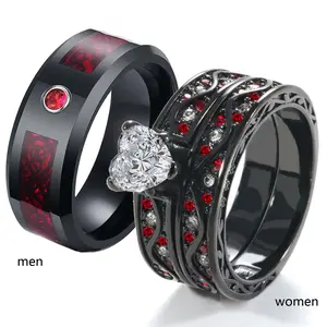 2 His And Hers Ring Couple Rings Black Gold Plated Heart Cut Cz Womens Wedding Ring Sets Red Titanium Steel Mens Wedding Bands
