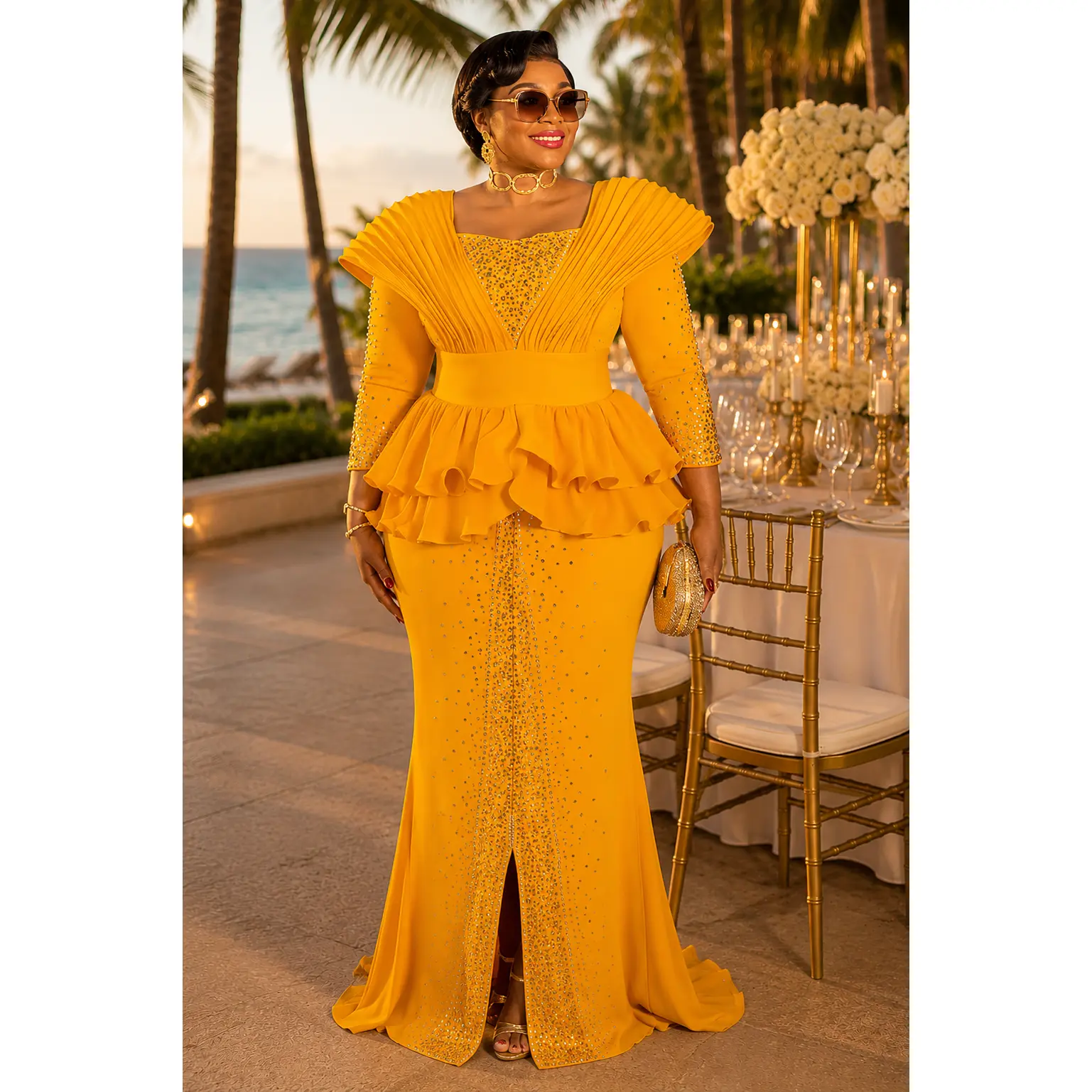 Classy Gold Rhinestone Structured Shoulder Ruffle Peplum Stretch Maxi Dress - Mother of The Bride Birthday Party Cocktail Reception Summer Wedding Guest Outfit Plus Size Formal Evening Gown