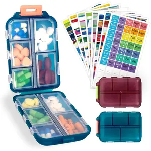 2 Pack Pill Organizer Travel Case - 10 Compartments Portable Medicine Container with 330 Labels, Double Lock Design