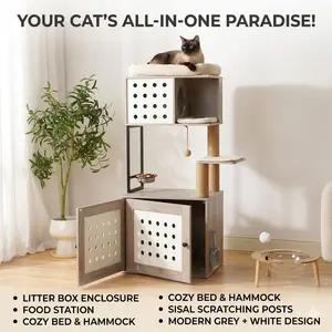 Cat Tree Litter Box Enclosure All-in-one Cat Tower Indoor Cats Large Hammock Bed Food Station Scratching Posts Modern Pet Furniture