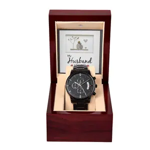 Men's Chronograph Watch, "My Husband My Love" Anniversary Gift - Black Stainless Steel with Copper Dial, Water-Resistant Quartz Movement, Watches