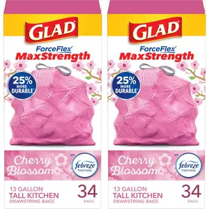 Tall Kitchen Trash Bags 13 Gallon ForceFlex MaxStrength Cherry Blossom Scent 34 Count, Tear-Resistant Eco-Friendly Drawstring. (Pack of 2)