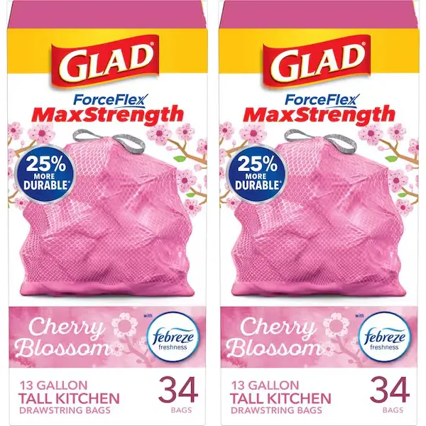 Tall Kitchen Trash Bags 13 Gallon ForceFlex MaxStrength Cherry Blossom Scent 34 Count, Tear-Resistant Eco-Friendly Drawstring. (Pack of 2)