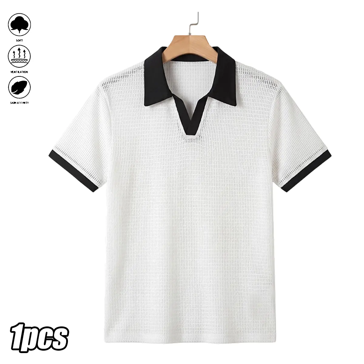 Men'S Short-Sleeve Knit Polo Shirt, Retro Trendy, Classic Polo Collar, Hollow Knit Craft with Fine Mesh, Rich Texture, Slim Fit for Various Body Types, Casual Daily Wear