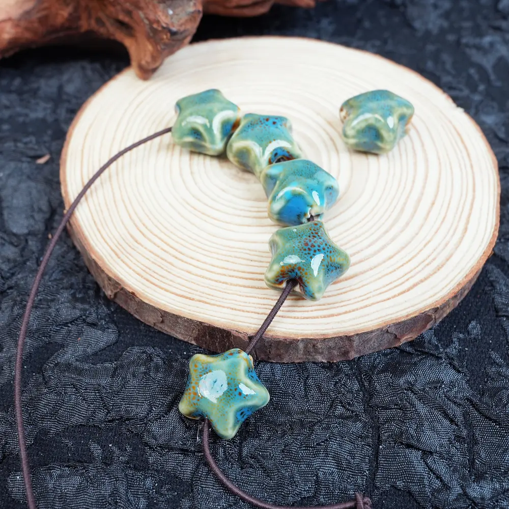 LUMAWU Handmade Porcelain Decorative Beads - 10 Pcs Star-Shaped, Floral Blue Glaze, DIY Beading Accessories, Floral & Blue Star & Handmade Bead Assortments for Crafts