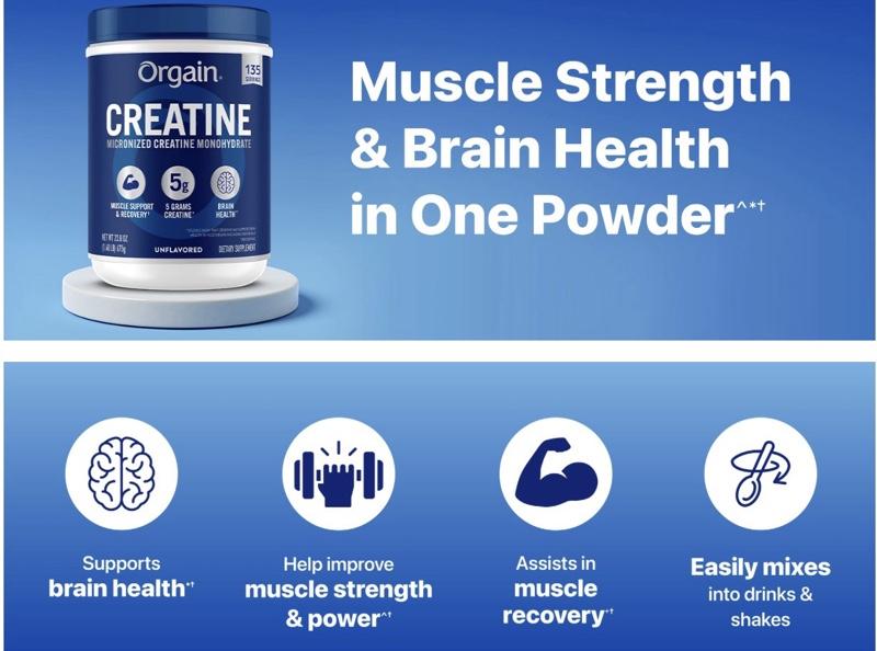 Orgain Micronized Creatine Monohydrate Unflavored 1.48lbs 135 Servings 5g per Serving for Muscle Support & Recovery Brain Health
