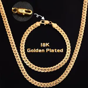 2pc 18K gold-plated Full-side necklace and bracelet Vintage Feel Stainless Steel Anti-Rust Technology Waterproof Sweatproof Perfect Christmas Gift for men and women Width 5mm, Length 18/20/24 inches Men’s Accessory Set, Father’s Day,Couple’s Holiday Gift.