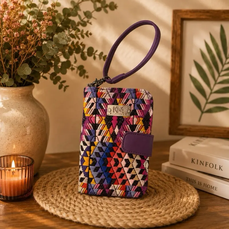 Handmade Authentic Guatemalan Purple Woven Wallet Coin Purse with Traditional Mayan Textile and vegan leather