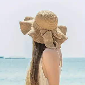 2-Pack Women's Khaki Wavy Beach Sun Hat and Woven Shoulder Bag Set - Fashion Ruffle Design, Lightweight and Breathable, Suitable for Spring/Summer Beach Vacations and Outdoor Activities, Beach Accessories