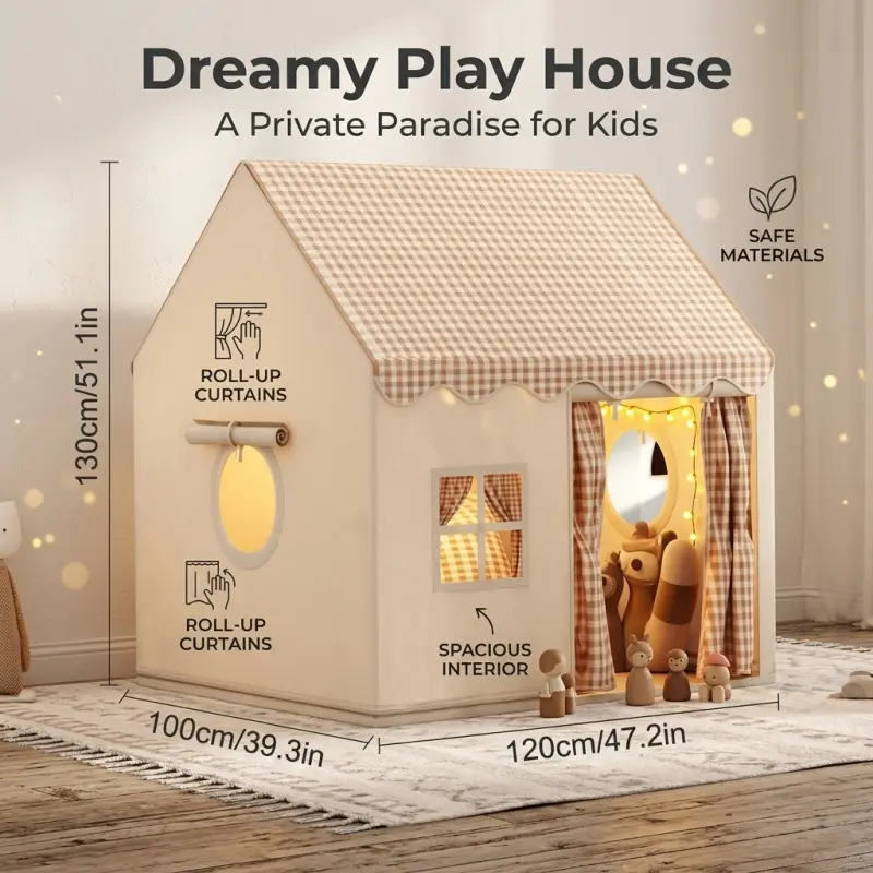 Children's indoor play tent, Toddler Tent, cottage playhouse, playhouse design, with curtains, checkered tent, suitable for children, ideal for decorating bedrooms and nurseries.