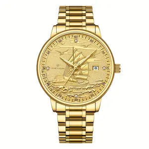 LOUIE JUELEN Men's Luxurious Golden-Tone Automatic Mechanical Watch with Smooth Sailing Dial Design – Elegant Stainless Steel Band, Noble Business Style, Perfect Gift for Him