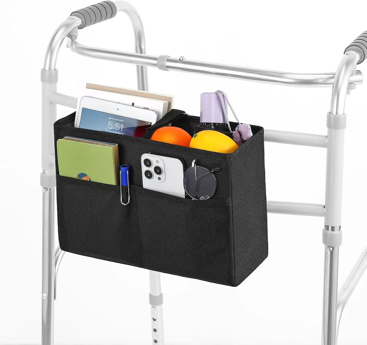 Walker Basket for Walkers Accessories for Seniors,Black | Basket for Walkers with Multi Pockets, Hand-free Carry Pouch Storage Bag Walker Accessories for Universal Walkers for Seniors