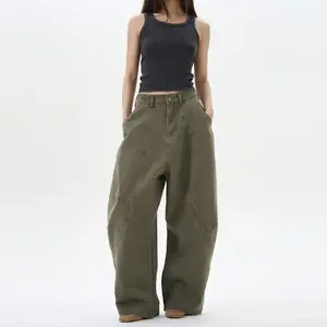 American Retro Green Brown Loose Matchet Pants Men And Women
