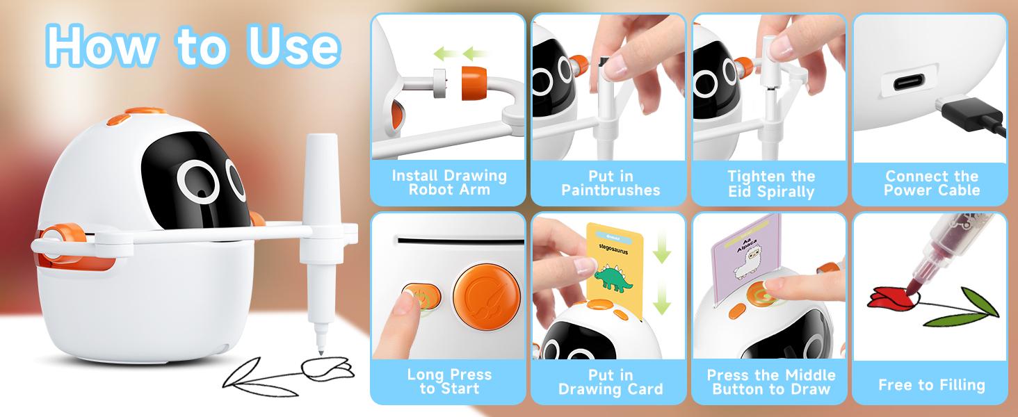 Drawing Robot for Kids, Montessori Painting Learning Toys, Voice Interactive Educational Drawing Machine with 220 Word Cards for 3 4 5 6 7 8 Year Old Boys Girls Gift