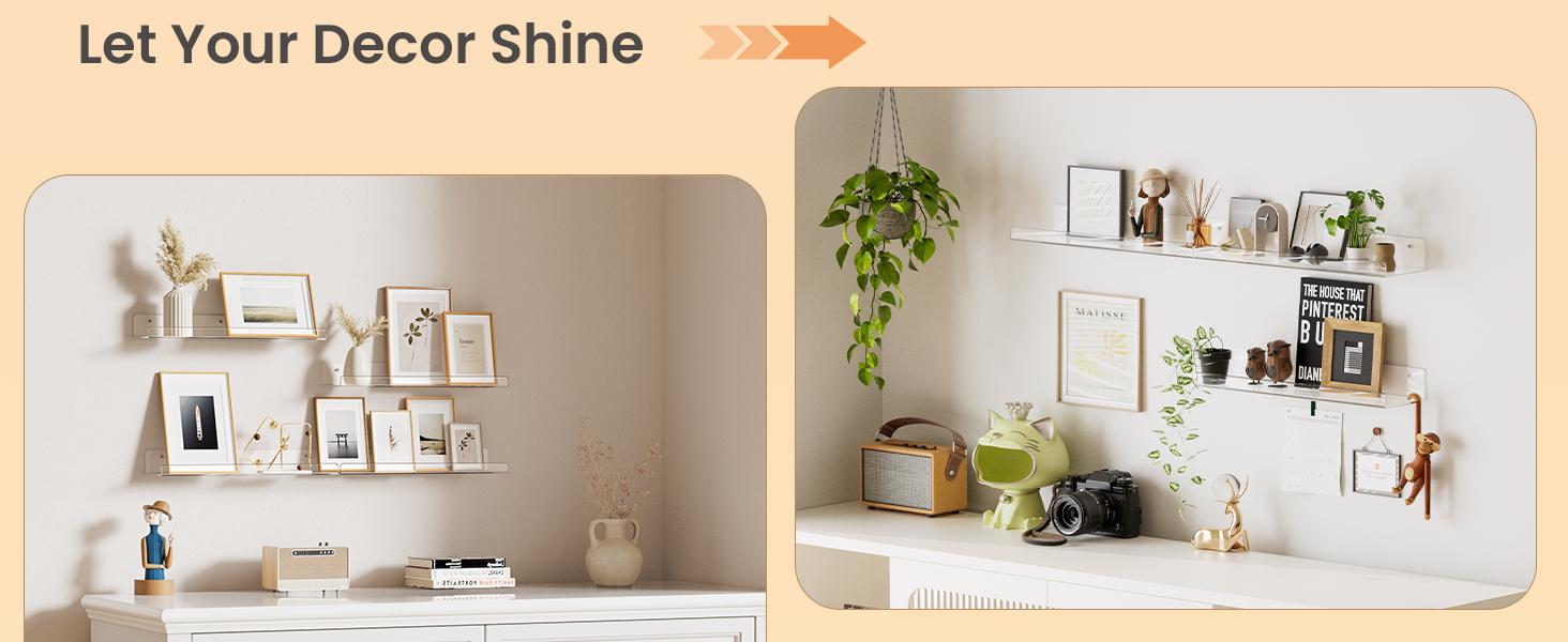 4 Pack Acrylic Floating Shelves-Modern Floating Wall Shelf Set,, 15 Inch Clear Book Shelf – Wall Mounted Display Organizer for Bathroom, Bedroom, Living Room, Kitchen, Classroom Decor- Perfect Valentine and Easter day gift