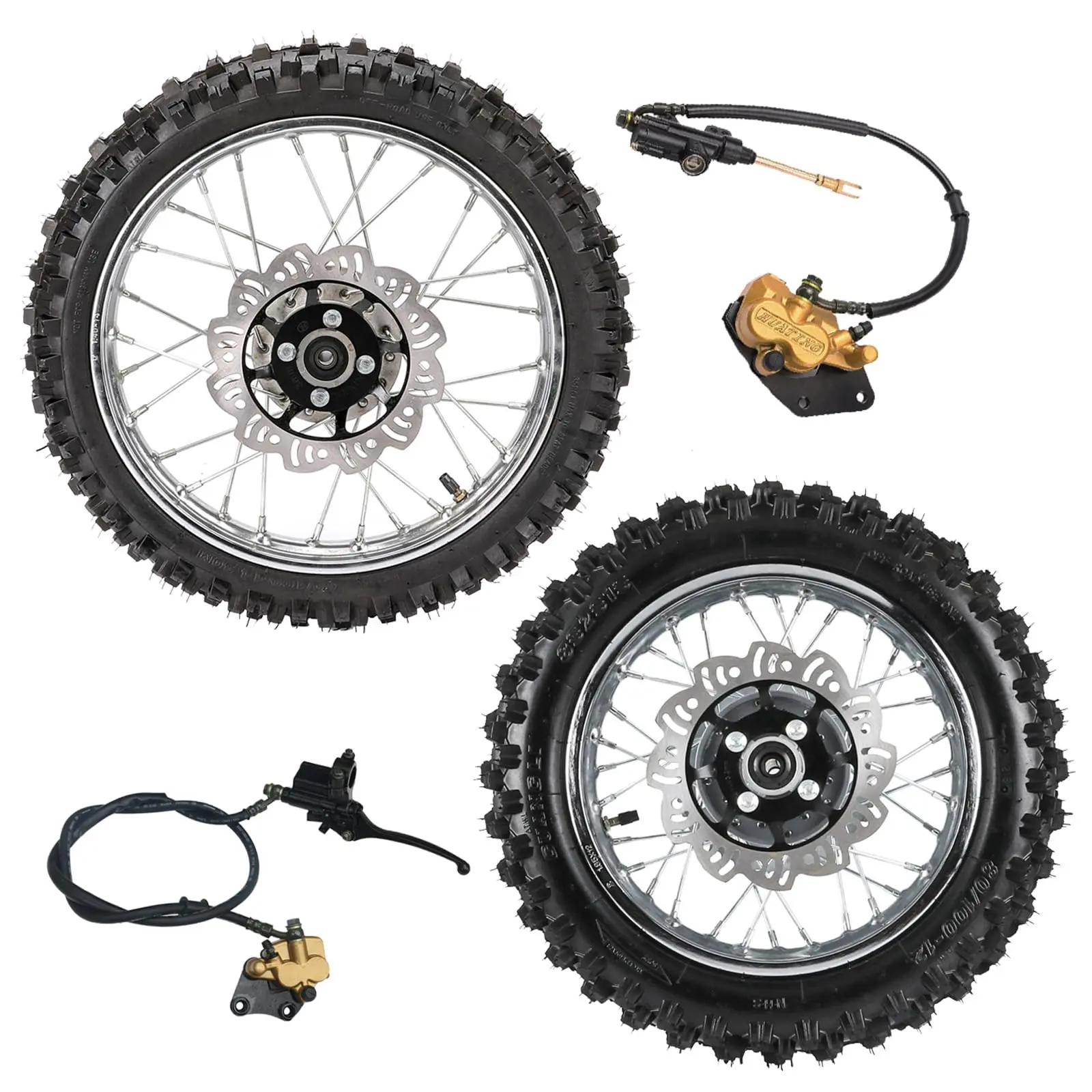 60/100-14(2.50-14) Front Tire and Rim & 80/100-12(3.00-12) Rear Wheel & Brake Caliper Cylinder Assembly for Pit Dirt Bike Taotao Apollo 125cc 110cc Pocket Rocket Monkey Trail Bike Scooter Off-Road