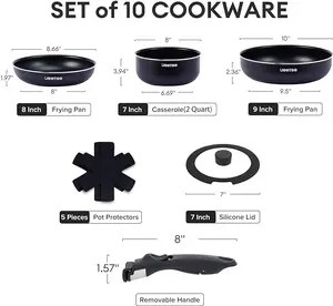 JEETEE Nonstick Pots and Pans Set with Removable/Detackable Handle RV Pots Induction Cookware Stackable Cookware Set for Camping, PFOA Free, Dishwasher/Oven Safe (Black, 10pcs Cookware Set)