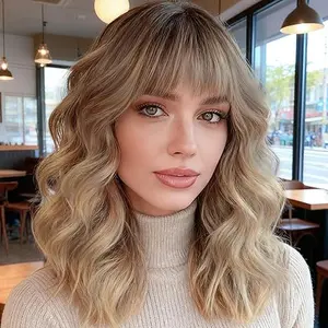 Blonde Wig With Bangs Short Wavy Curly Ombre Wig with Dark Roots Synthetic Heat Resistant Bob Wigs for Women Daily Party Use 14 Inches