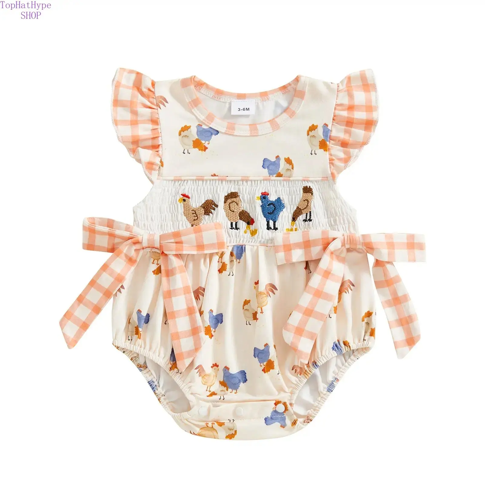 Newborn Baby Girl Western Country Farm‑Themed Bubble Romper, Chicken Print Smocked Plaid Ruffled Onesie Bodysuit with Bow Belt, Soft Lightweight Summer Outfit for Daily Wear, Farm Parties, Photoshoots & Casual Country‑Style Occasions