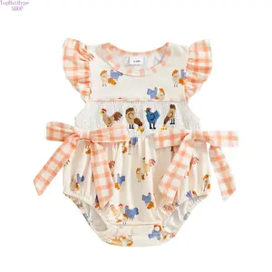 Newborn Baby Girl Western Country Farm‑Themed Bubble Romper, Chicken Print Smocked Plaid Ruffled Onesie Bodysuit with Bow Belt, Soft Lightweight Summer Outfit for Daily Wear, Farm Parties, Photoshoots & Casual Country‑Style Occasions