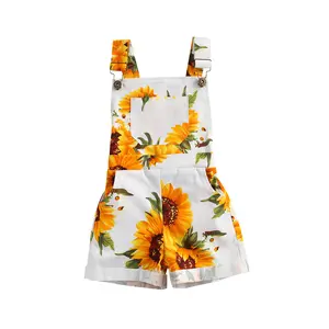 Kids Girl Sunflower Print Suspender Shorts with Pockets Summer Dungarees Shorts Outfits