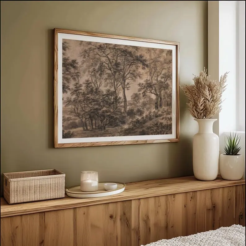 [SALE UP TO 50%] Antique Moody Charcoal Landscape Printable  Brown Landscape Painting Print Watercolour Brown Dark Wall Art Vintage Woods Sketch Woodland