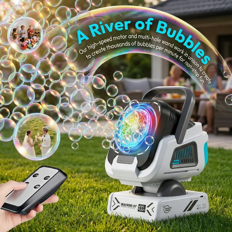 Upgraded Cordless Plastic Bubble Machine for Ages 8+, 3.7V 1800mAh Built-in Rechargeable Battery, Remote-Controlled (2 AAA Batteries Not Included), Ideal Outdoor Holiday Party Gift for 8-10 Years Olds
