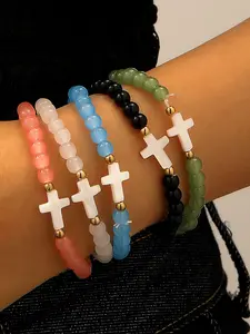 Natural Shell Turquoise Cross Beaded Bracelet, Elastic Cord Handmade Jewelry Gift for Daughter & Kids, No Choking Hazard, Trendy Fashion Accessory, Elastic Rope