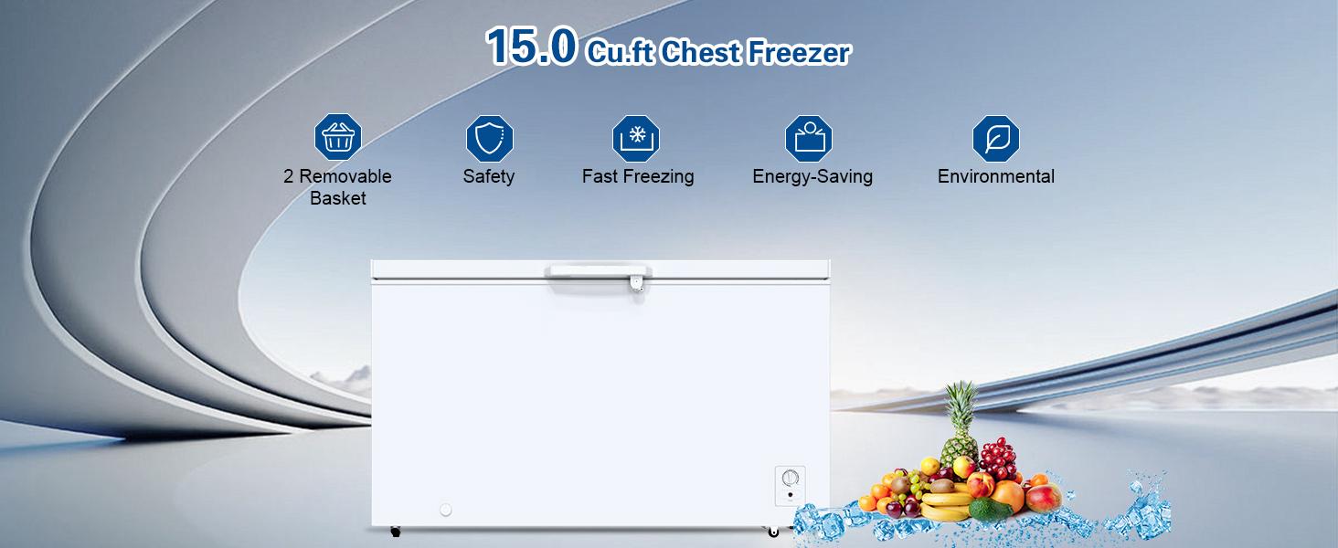 15.0 Cu.Ft Deep Freezer, Large Chest Freezer for Families with Removable Basket& 8 Adjustable Thermostat, Energy Saving Freezer Front Drain Free Standing Top Open Door for Home, Kitchen， mini fridge mini fridges fridge