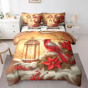 Red Cardinal Comforter Set with Sheets,Nature Wild Animals Bird 7 Piece Bedding Set,Red Berries PoinSet,tia Flowers Bed in a Bag,Farmhouse Nature Decor,Christmas Decorations