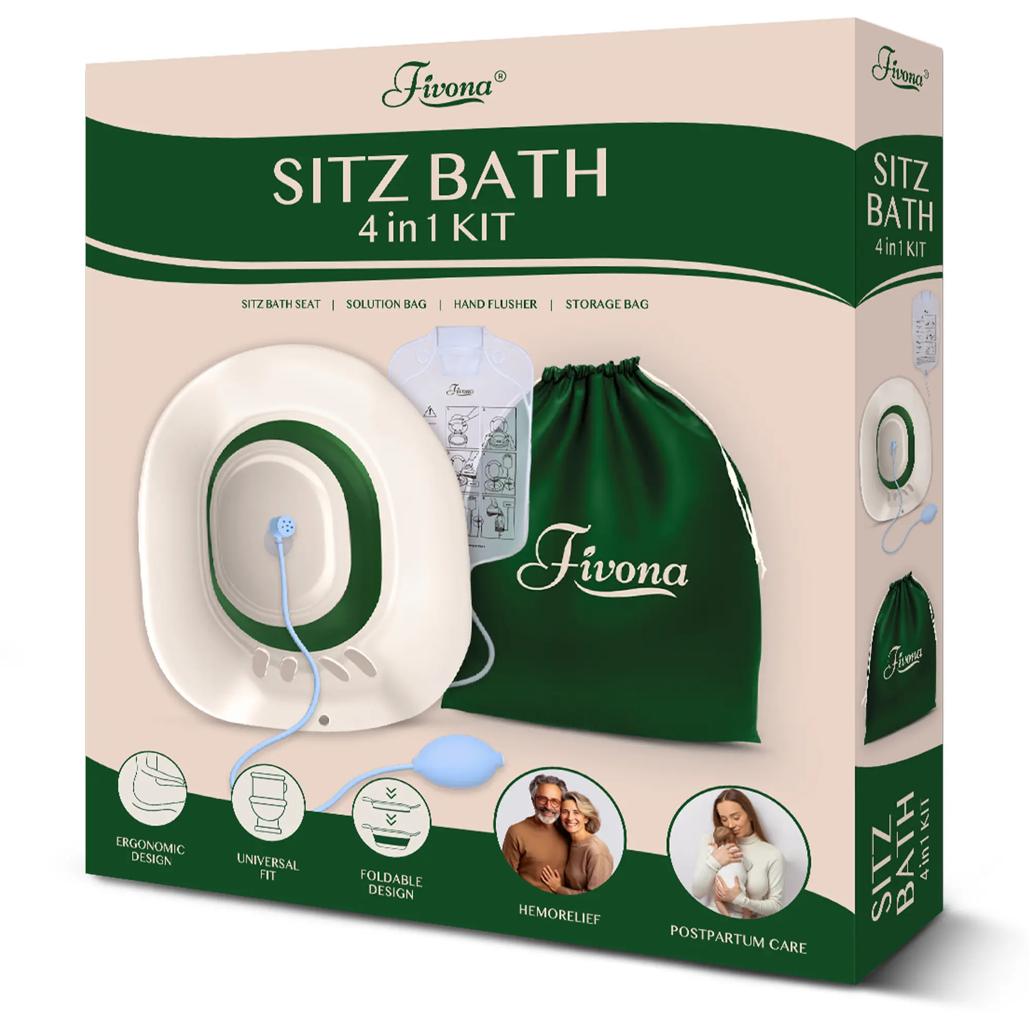 Fivona 4-in-1 Expandable Foldable Sitz Bath Soaking Bundle Pack - Adult Hemorrhoid Aid with Pain Relief, Sitz Bath Seat, Solution Bag, Hand Flusher, Storage Bag, Toilet Compatibility for Customizable Use, Adults