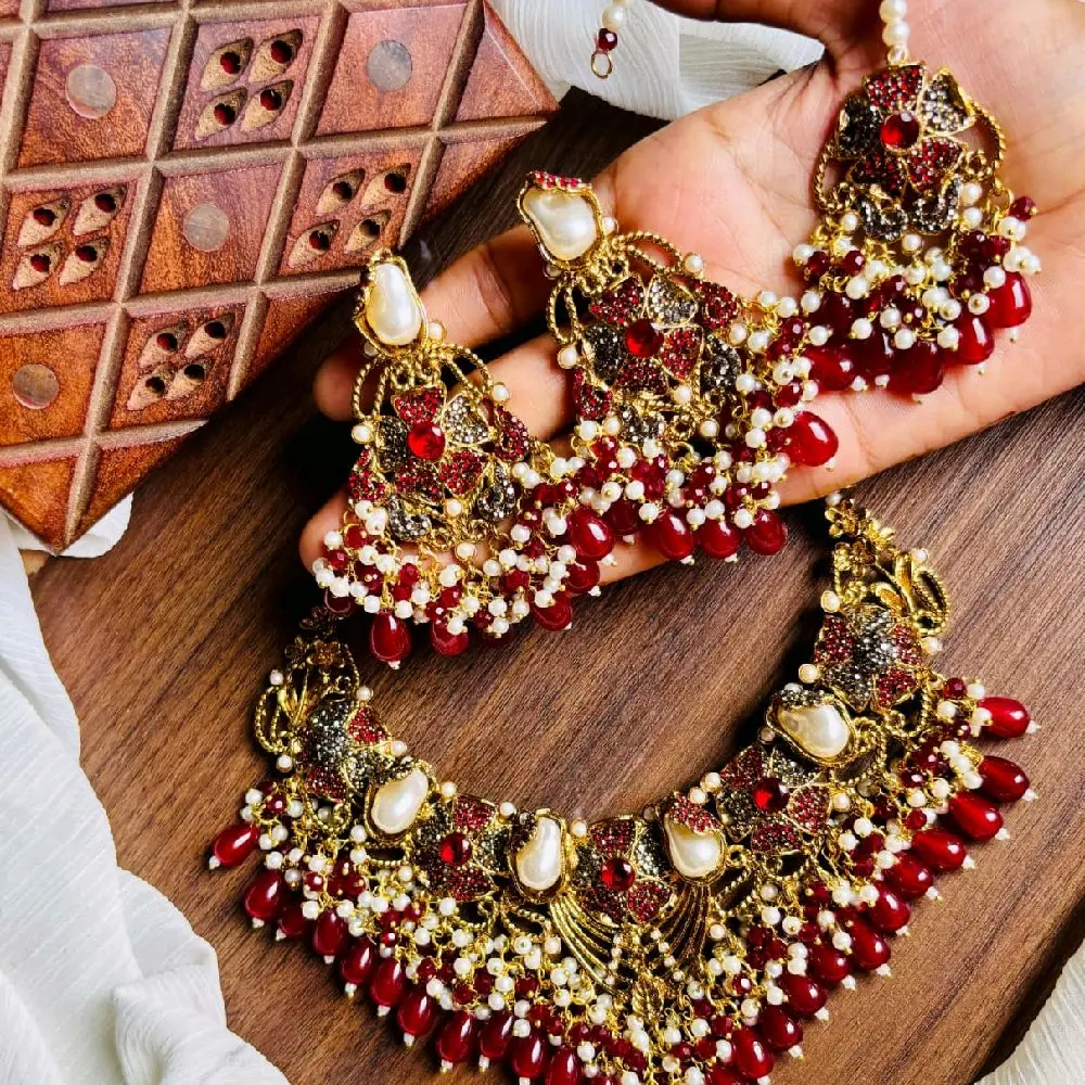 Premium Kundan Polki AD Necklace with Earrings Tika and Pearl Beads for All Occasions Elegant Design with Metal Coating