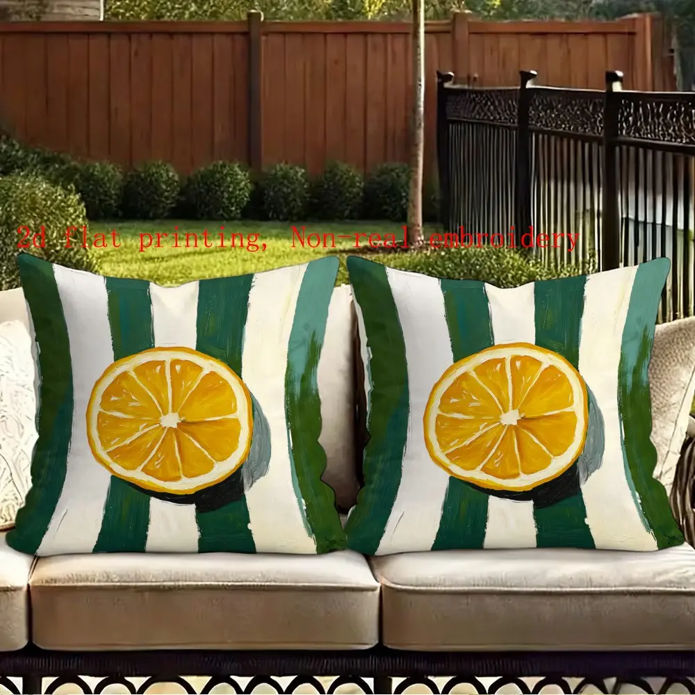 2pcs Summer Theme Lemon Striped Cushion Covers, Zipper Closure, Hand Washable, Home Decor for Sofa Bed, No Stuffing Included