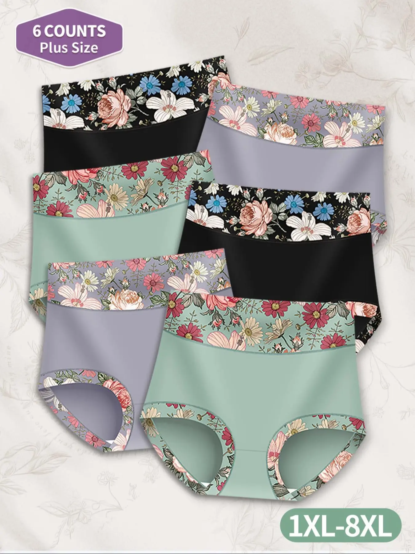 6-Pack MEIYATING Plus Size Women's High-Waist Underwear, Intimates Panties, Tummy Control Butt Lifting, Floral Pattern, Comfortable Fit, Premium Quality, Fashion Comfy Underwear, Soft Comfy Underwear