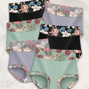 【Plus Size】 Floral Print Patchwork High Waist Panty, Tight Fit Soft Comfy Breathable Brief for Daily Wear, Women's Underwear for All Seasons, Colorblock Print Panty