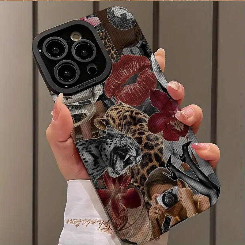 Elegant Leopard Floral Lip Print Design Shockproof Ultra-Thin Case for iPhone 17/16/15/14/13/12/11/plus/pro Max, Dust-Proof & Stylish Gift Phone Cover