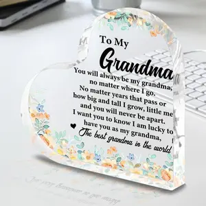 To My Grandma Heart Shaped Acrylic Plaque Floral Keepsake Gift for Grandmother Mother's Day Birthday Desktop Ornament Home Office Decor Standalone